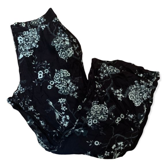 Fat Face Linen Pants Floral Black White Elastic Waist British Womens Size 10 US